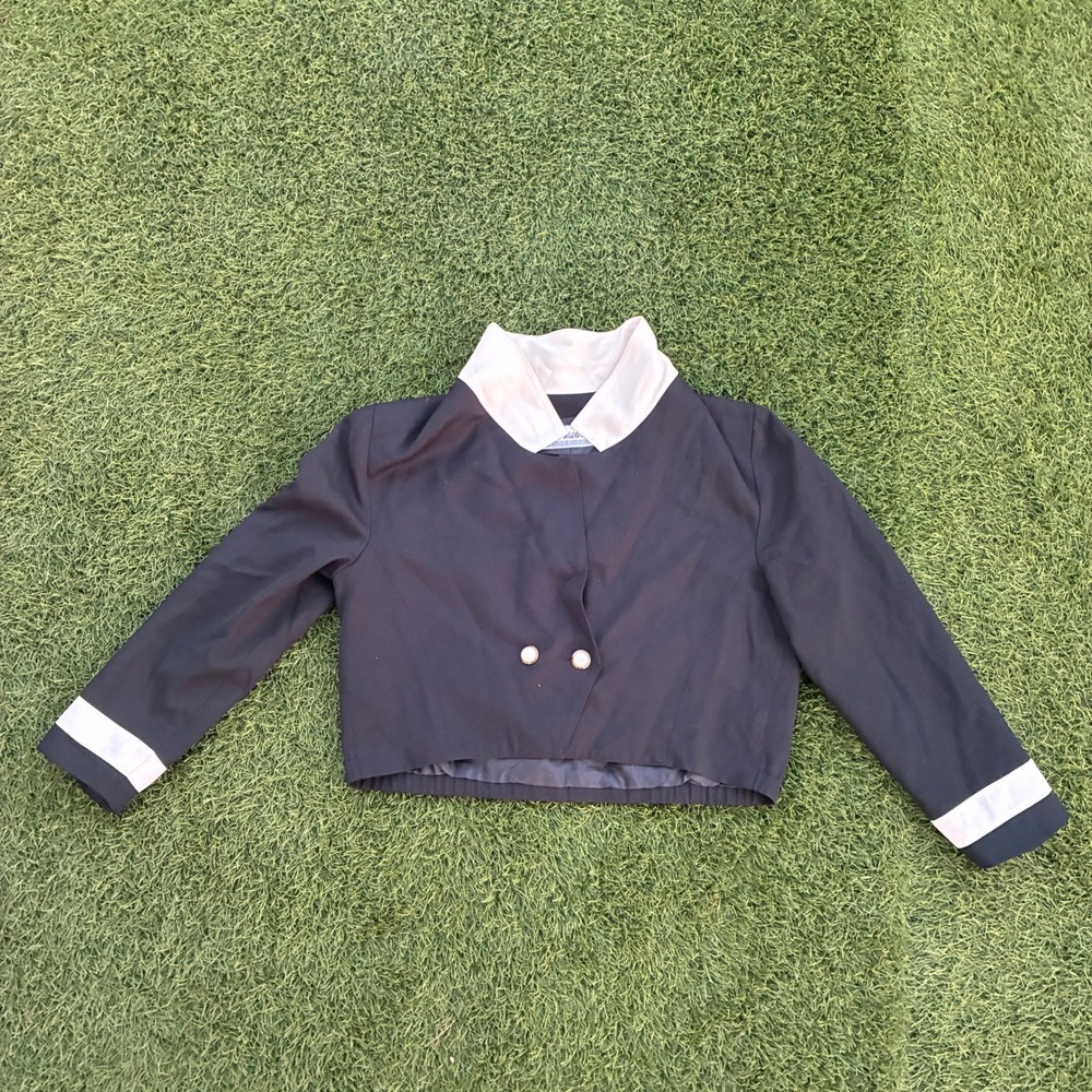 Joan Walters Black Cropped Jacket Cream Collar Cuffs Double Button Women Size L